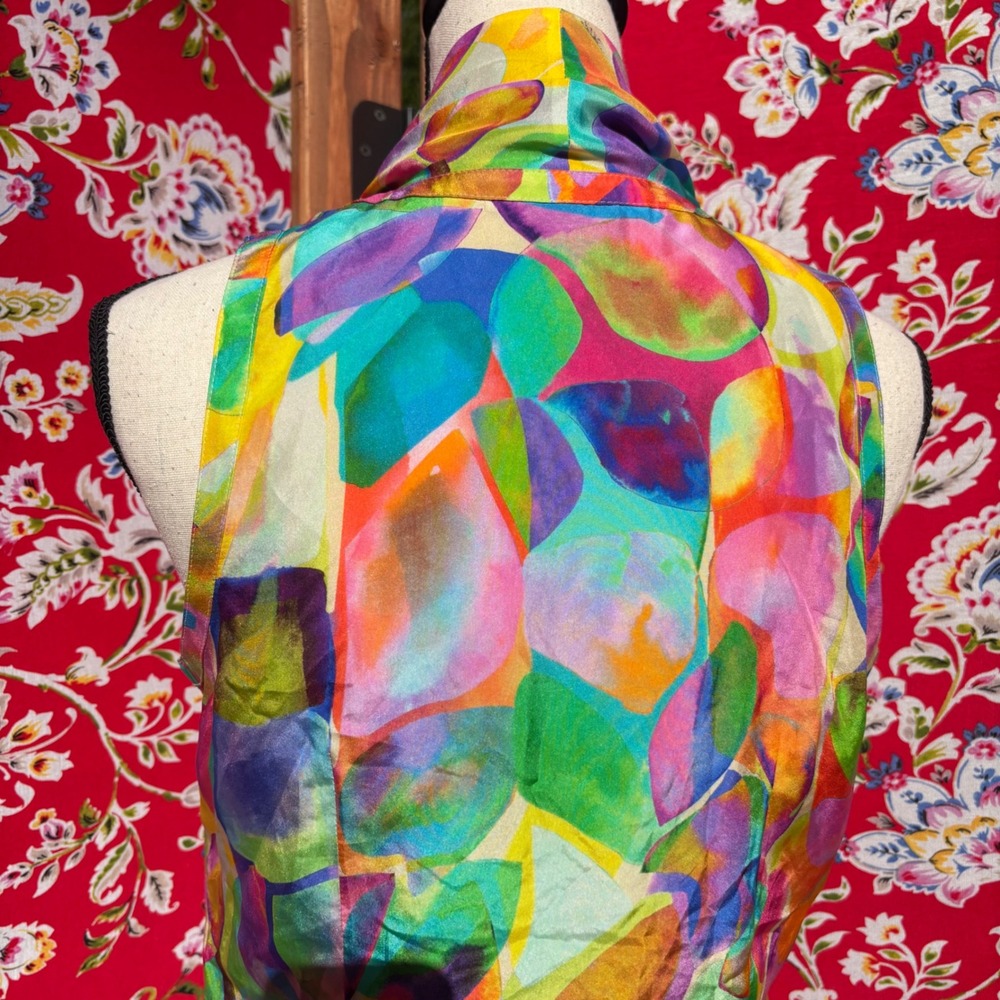 100% Silk Vibrant Multicolor Neck Tie Sleeveless Artsy Boho Chic Blouse Size S - Picture 6 of 13